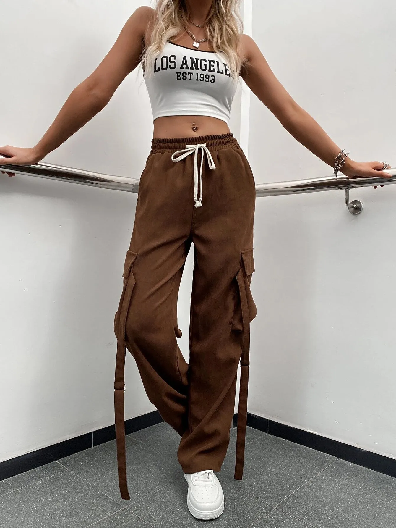 Brown Waist Flap Pocket Cargo Pants