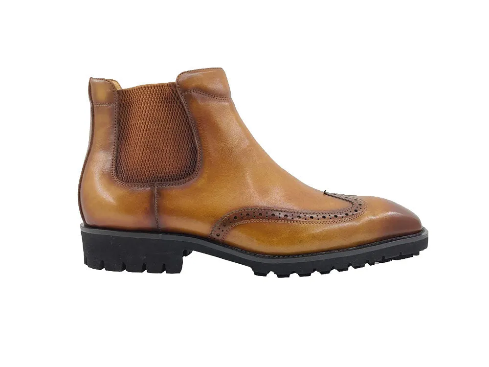 Carrucci cognac men's pull on boots wingtip fashion design Genuine Leather boot