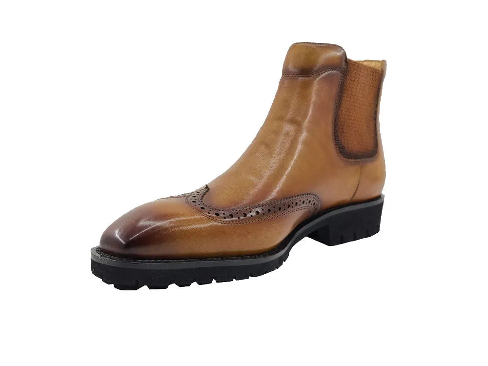 Carrucci cognac men's pull on boots wingtip fashion design Genuine Leather boot