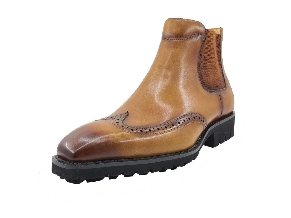 Carrucci cognac men's pull on boots wingtip fashion design Genuine Leather boot