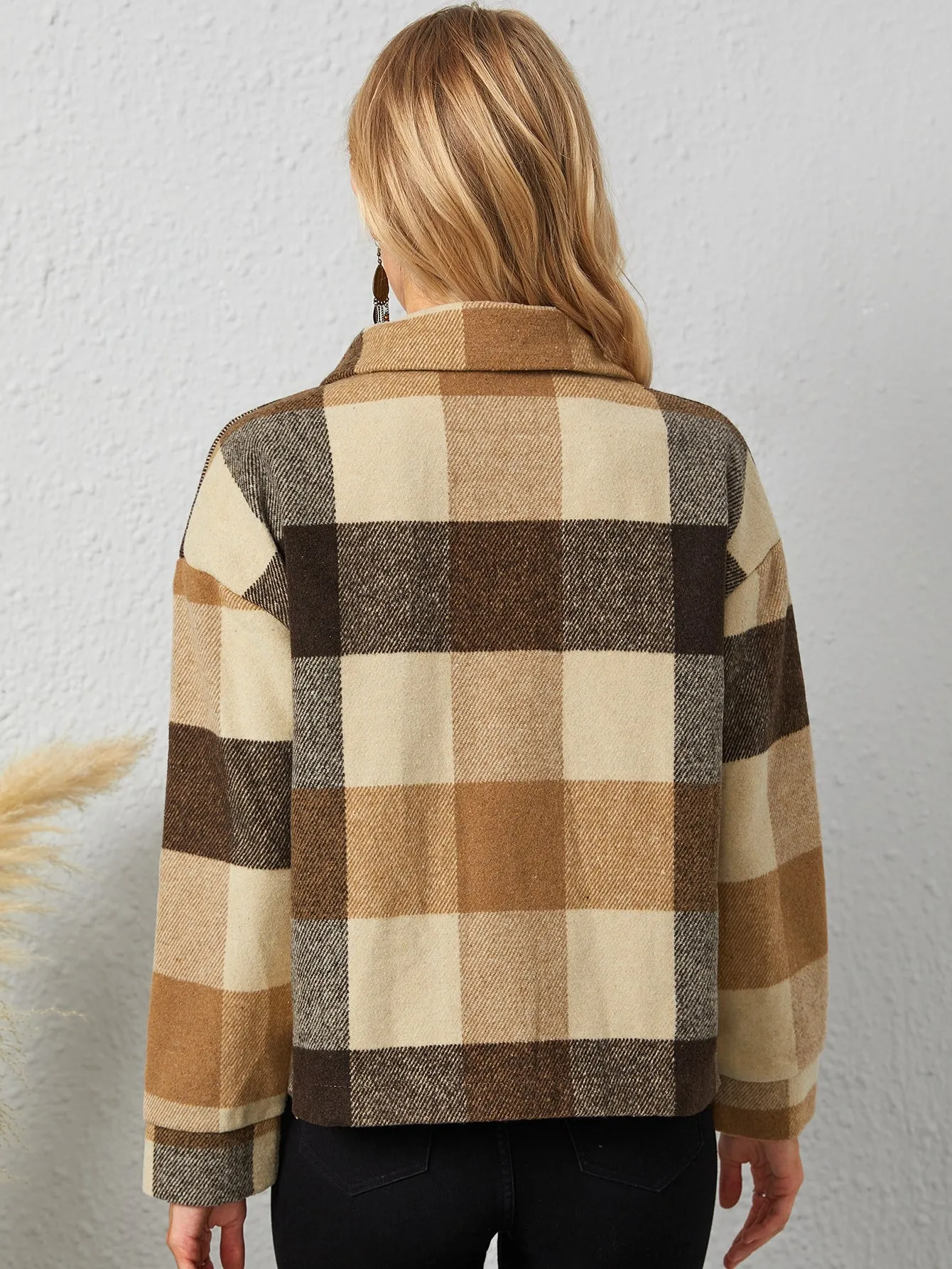 Casual Plaid Zipper Long Sleeve Collar Regular Women Coat