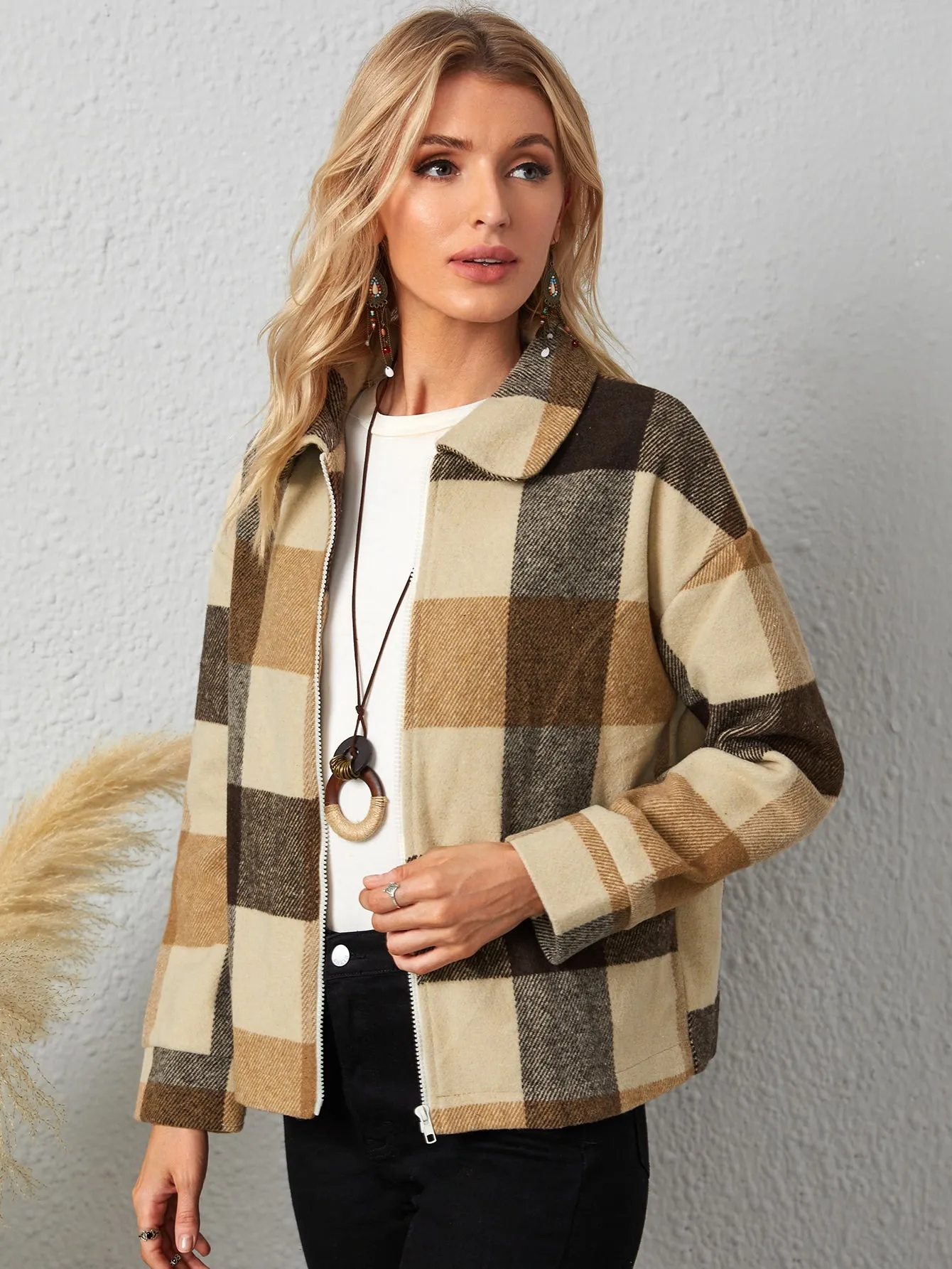 Casual Plaid Zipper Long Sleeve Collar Regular Women Coat