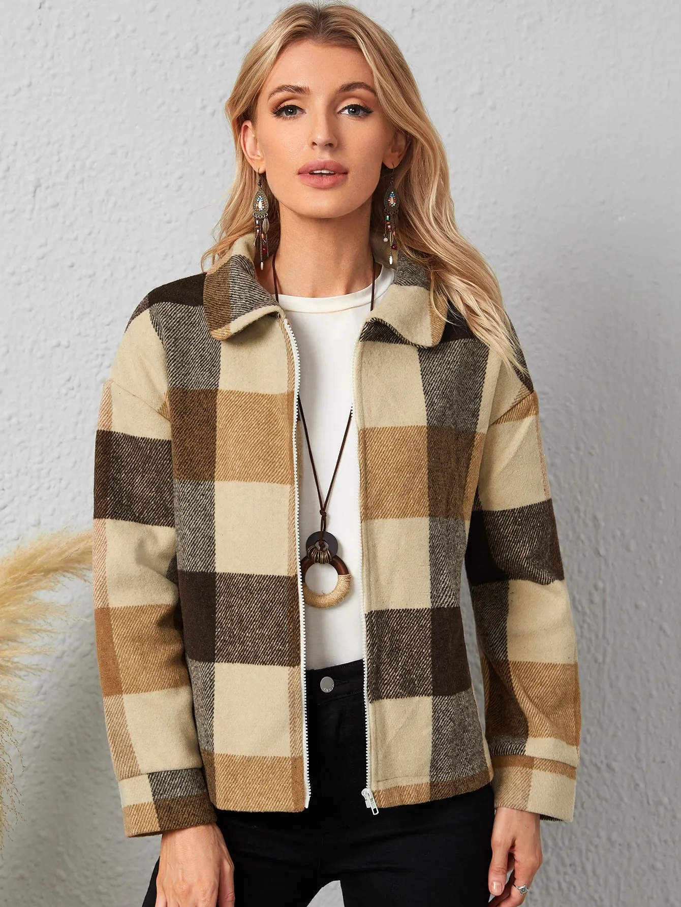 Casual Plaid Zipper Long Sleeve Collar Regular Women Coat