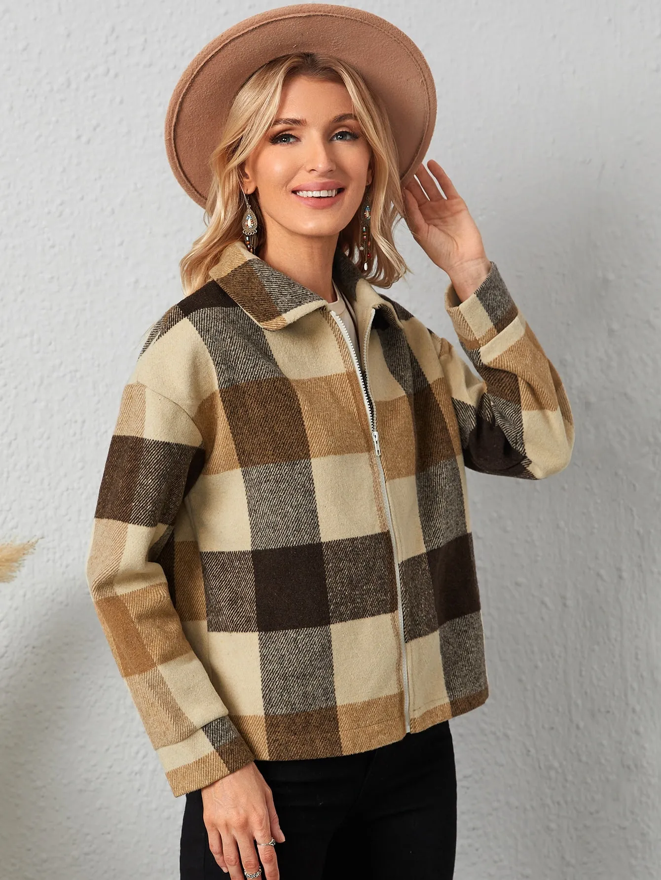Casual Plaid Zipper Long Sleeve Collar Regular Women Coat