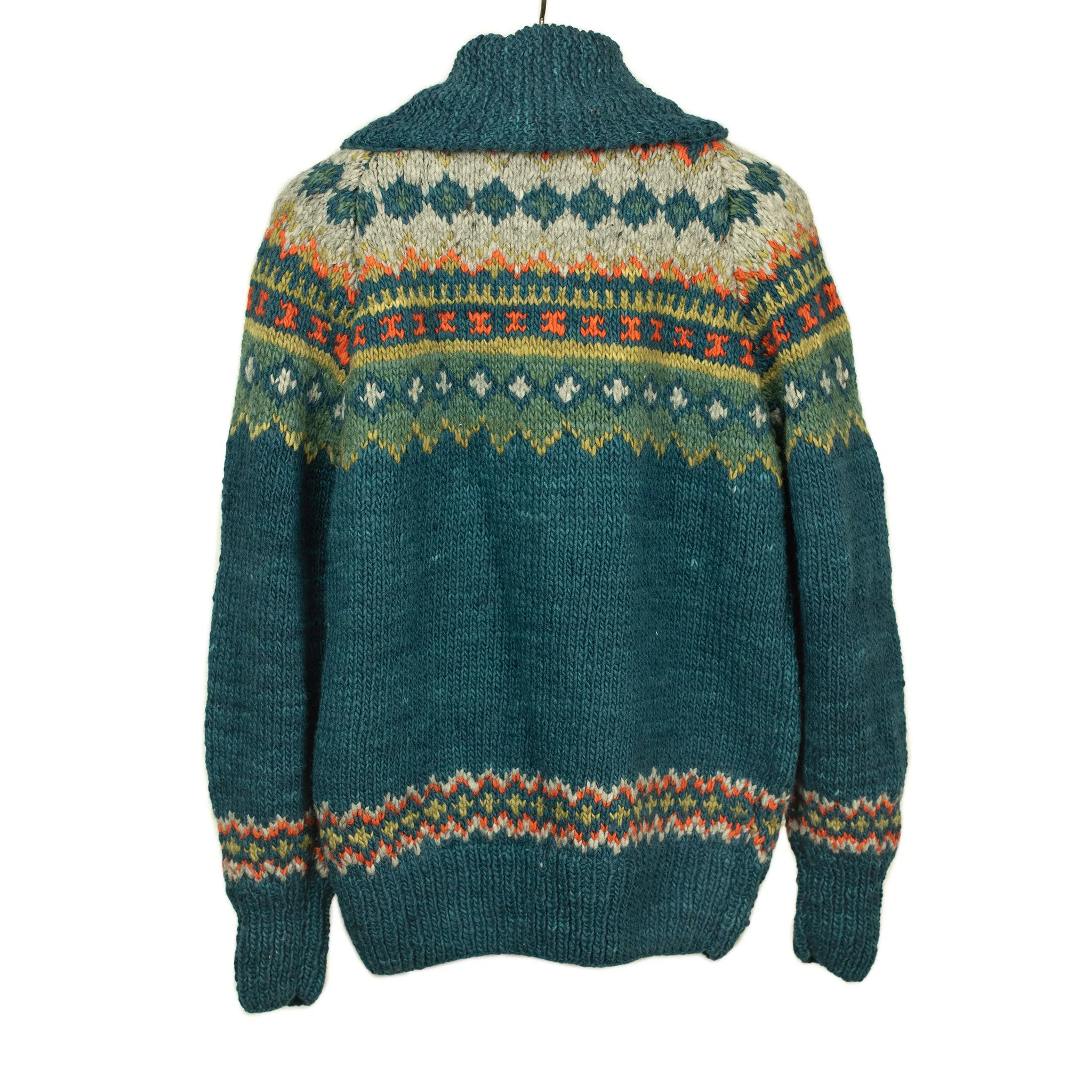 Chamula handknit cowichan-style zipped cardigan in Agean blue fair isle merino wool (restock)