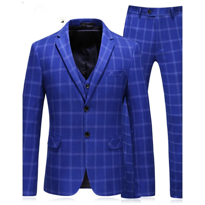 ClassyBy Royal Blue Plaid Wedding Suit Three Pieces (Jacket pants vest) PL554