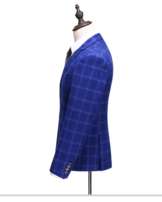 ClassyBy Royal Blue Plaid Wedding Suit Three Pieces (Jacket pants vest) PL554