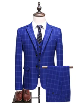 ClassyBy Royal Blue Plaid Wedding Suit Three Pieces (Jacket pants vest) PL554