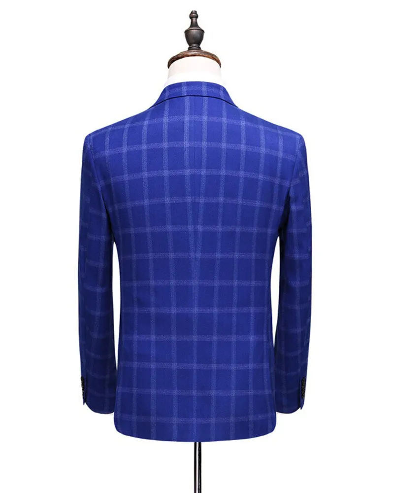 ClassyBy Royal Blue Plaid Wedding Suit Three Pieces (Jacket pants vest) PL554