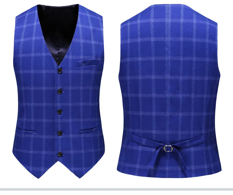 ClassyBy Royal Blue Plaid Wedding Suit Three Pieces (Jacket pants vest) PL554