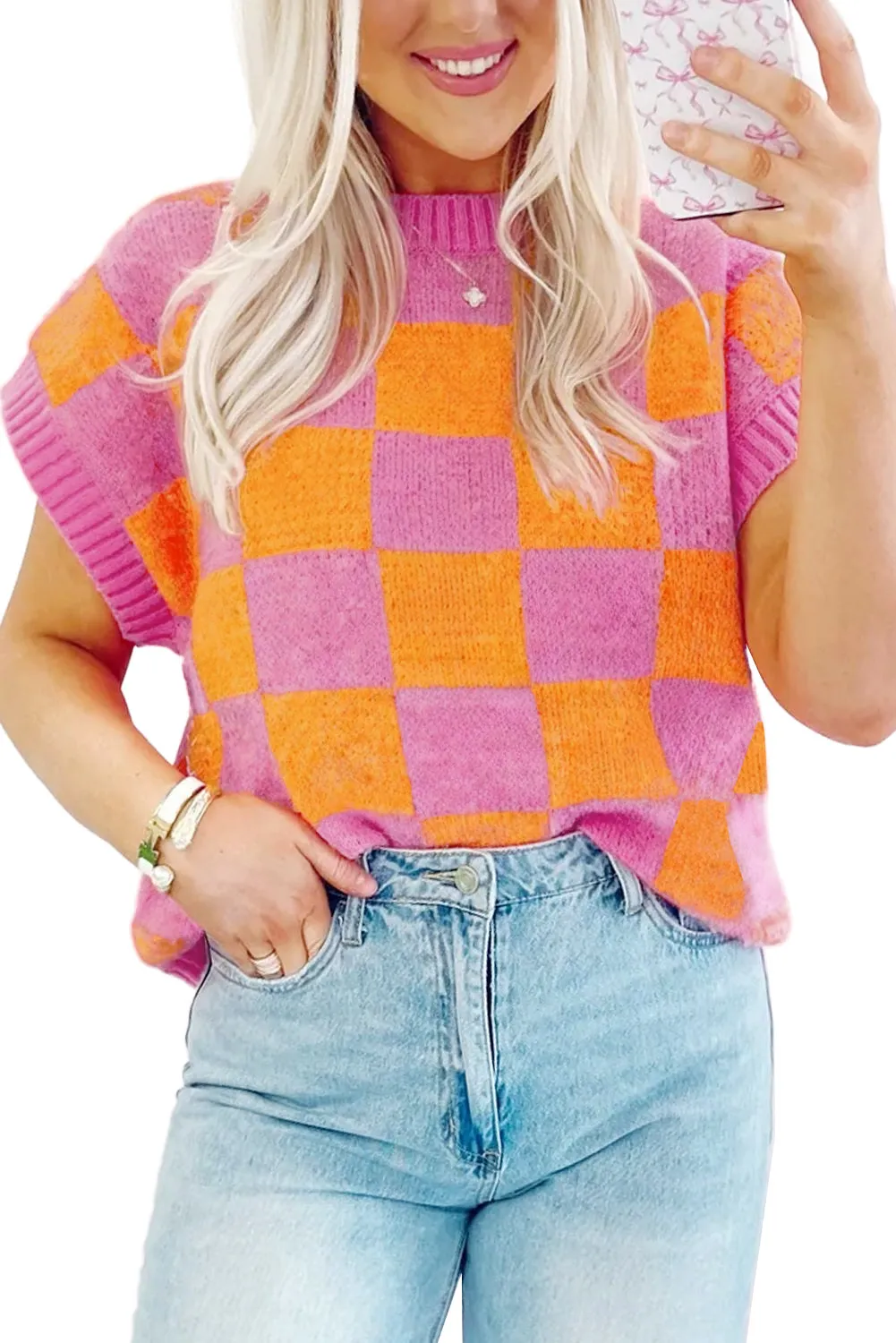 Colorblock Plaid Pattern Ribbed Trim Sweater Tank Top