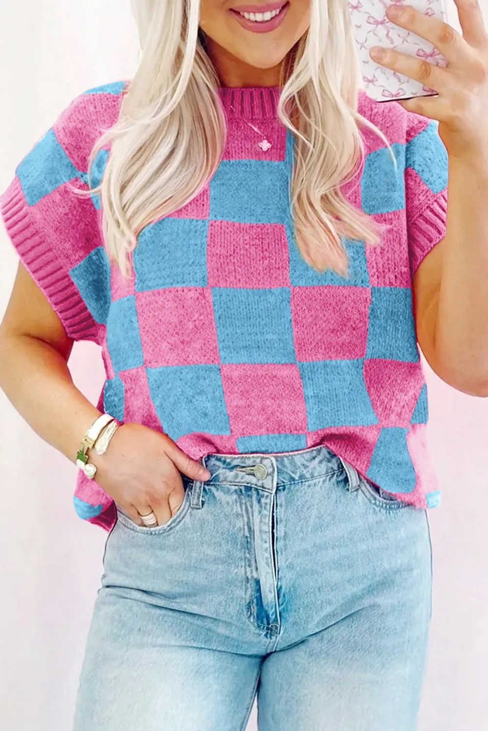 Colorblock Plaid Pattern Ribbed Trim Sweater Tank Top