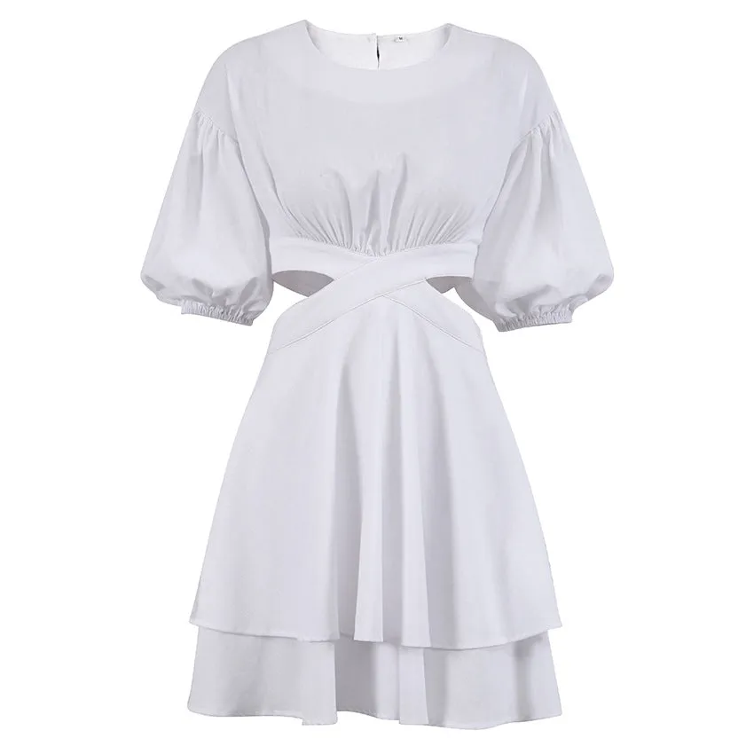 Cotton Linen A Line Off Shoulder Puff Sleeve Tiered Cut Out Mini Casual Dress