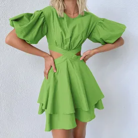 Cotton Linen A Line Off Shoulder Puff Sleeve Tiered Cut Out Mini Casual Dress