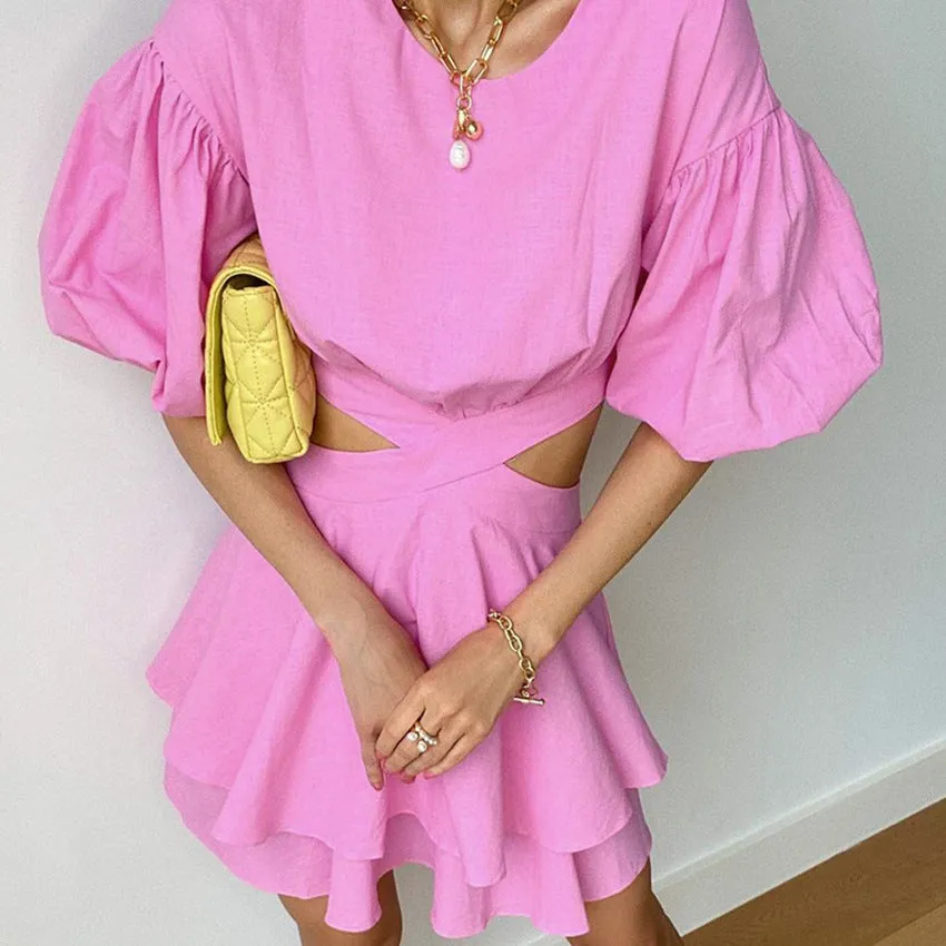 Cotton Linen A Line Off Shoulder Puff Sleeve Tiered Cut Out Mini Casual Dress