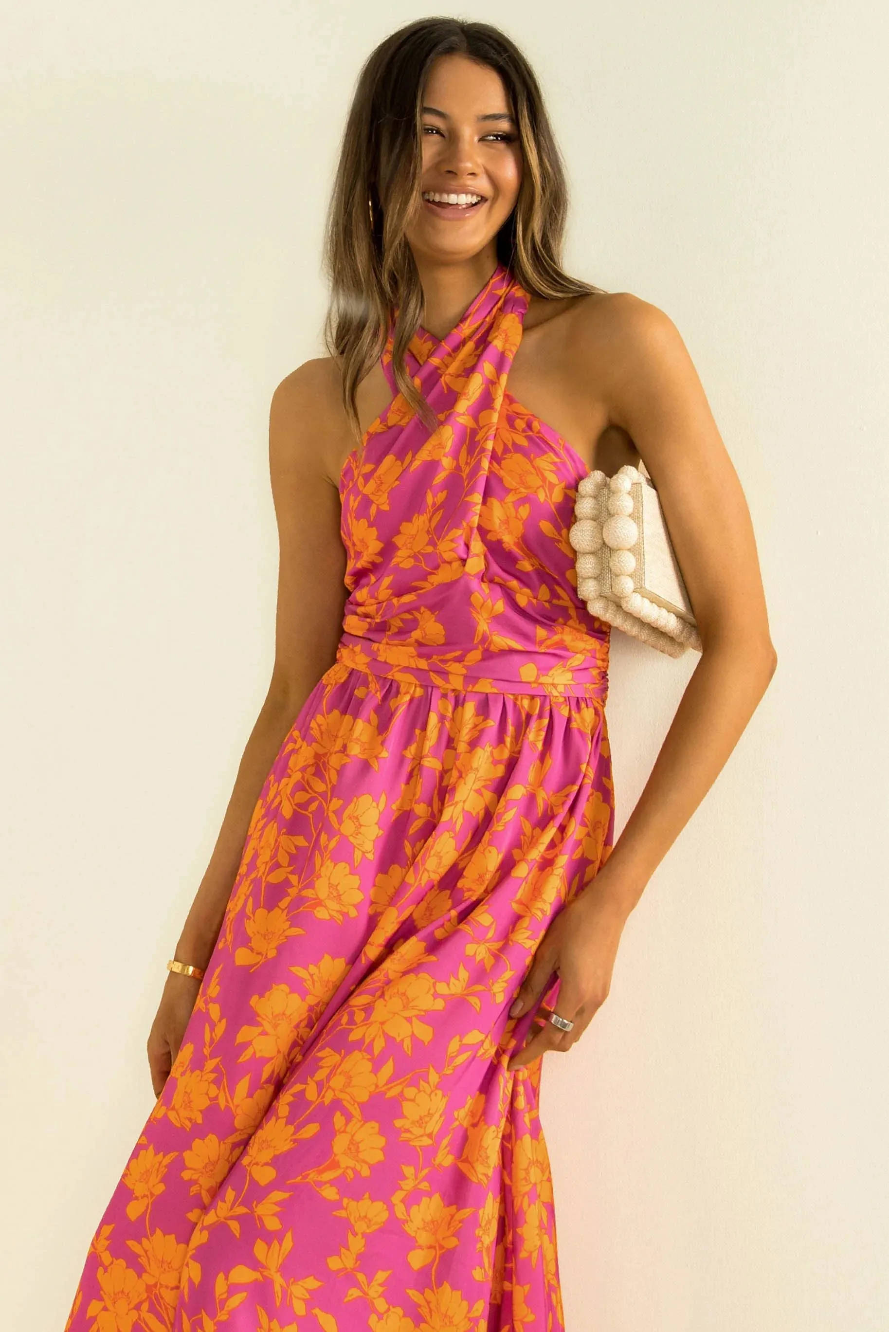 Criss Cross Halter Neck Printed Midi Flare Casual Dress