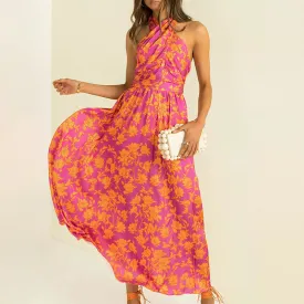 Criss Cross Halter Neck Printed Midi Flare Casual Dress