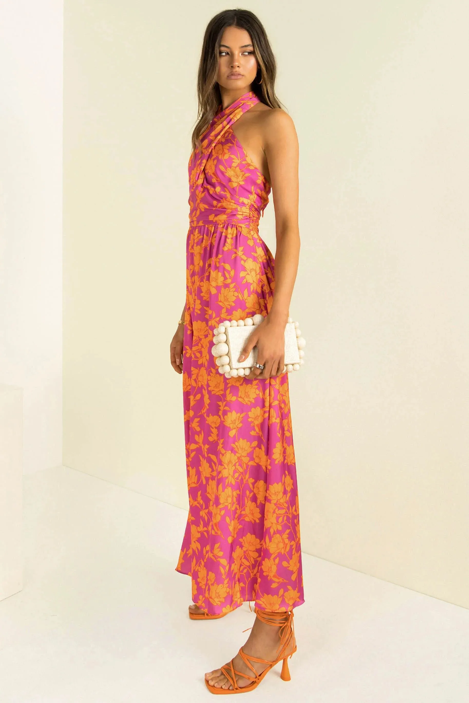 Criss Cross Halter Neck Printed Midi Flare Casual Dress
