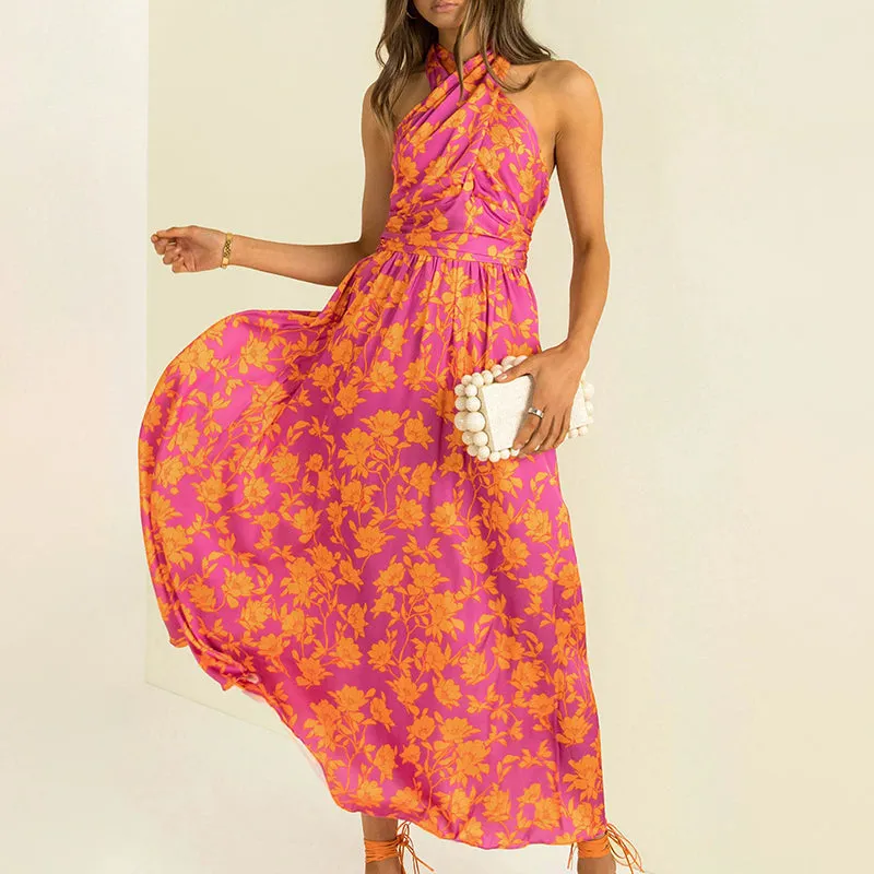 Criss Cross Halter Neck Printed Midi Flare Casual Dress