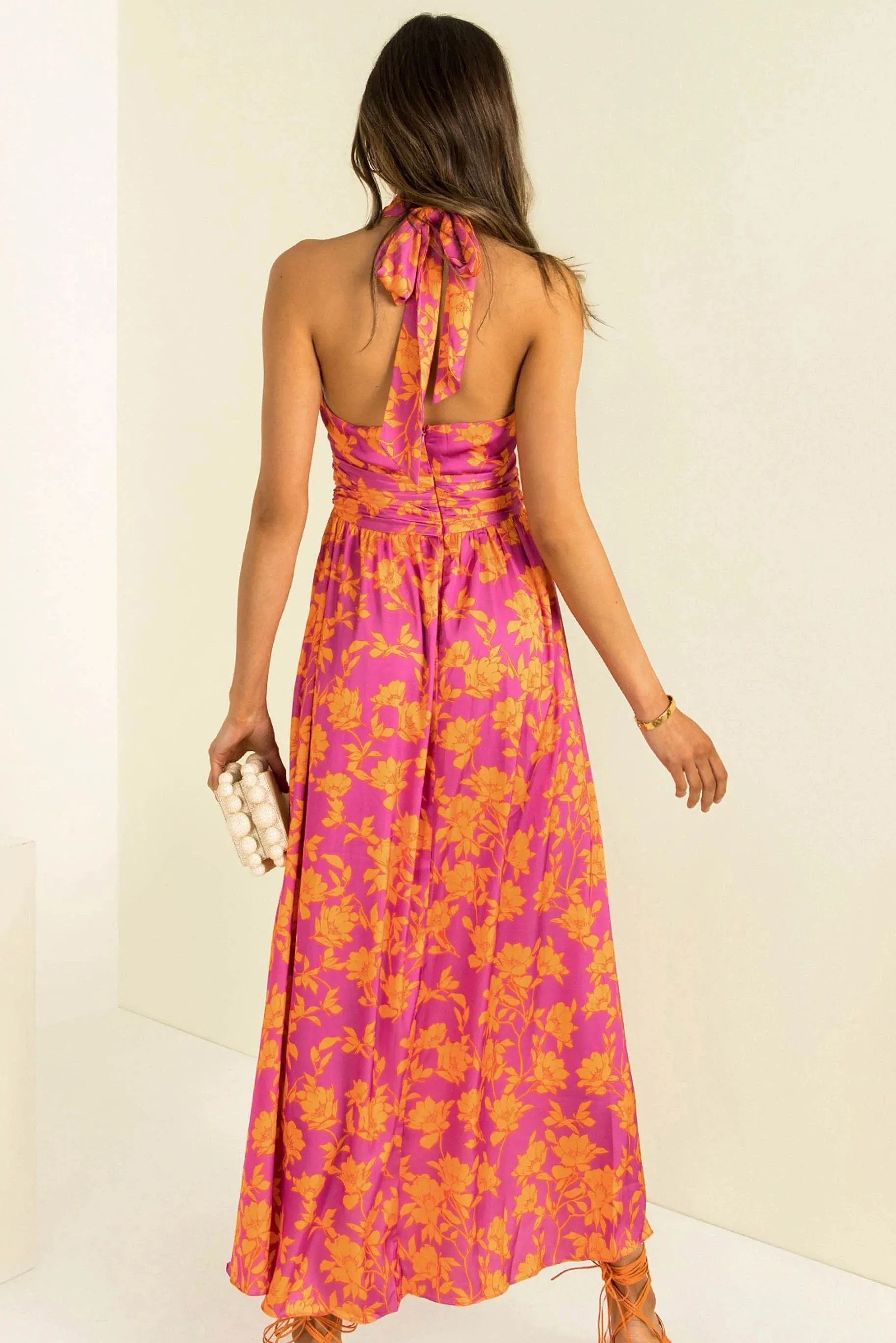 Criss Cross Halter Neck Printed Midi Flare Casual Dress