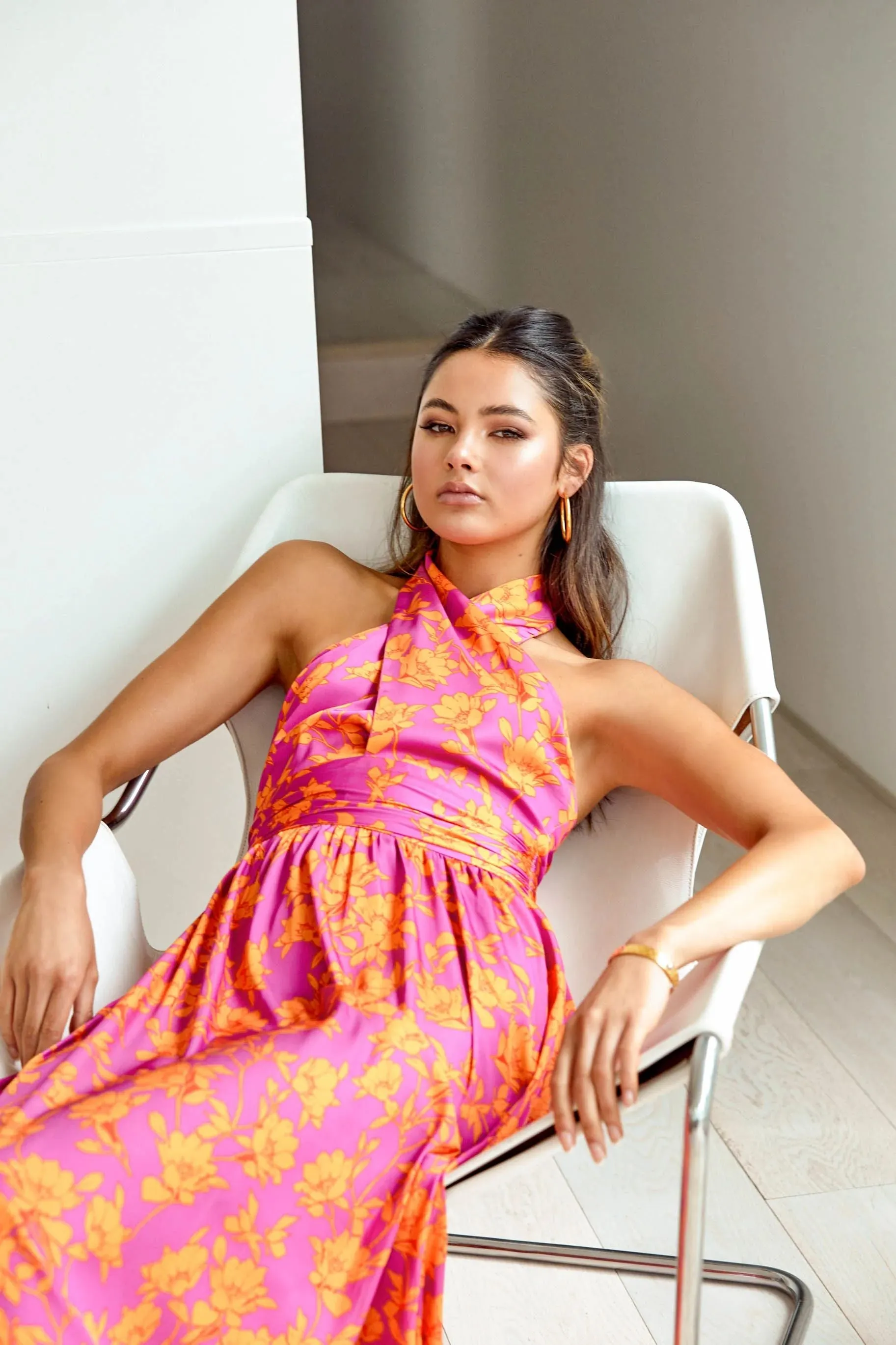 Criss Cross Halter Neck Printed Midi Flare Casual Dress