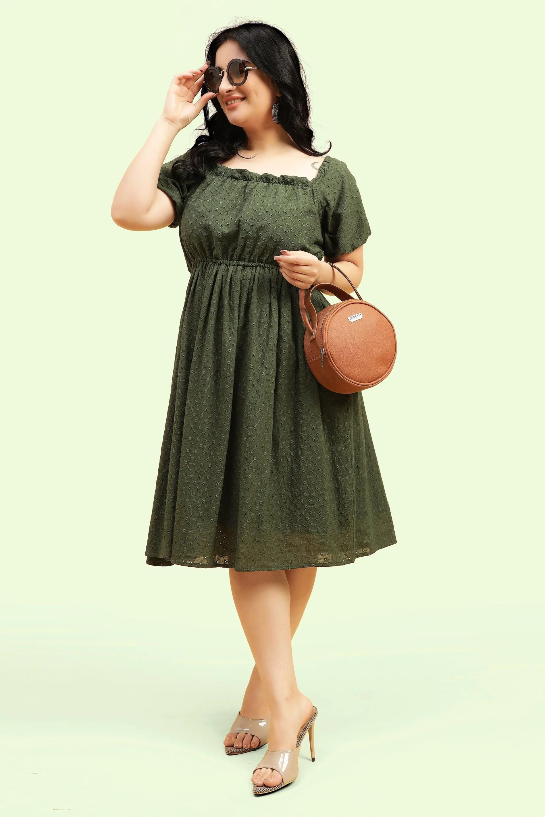 Curvy Lane Women Plus Size Raglan Puff Sleeves Flared Schiffli Dress