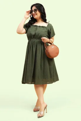 Curvy Lane Women Plus Size Raglan Puff Sleeves Flared Schiffli Dress