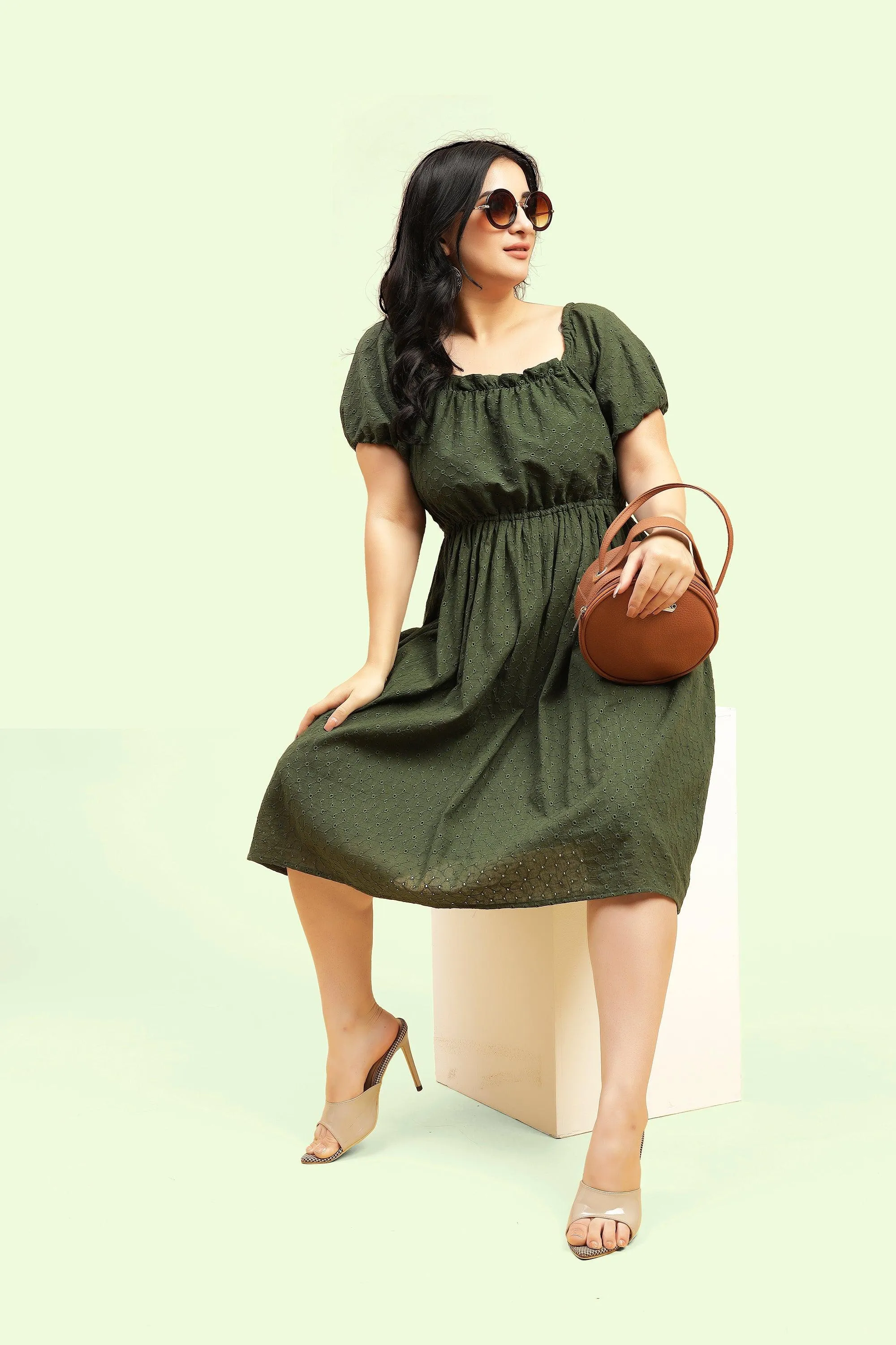 Curvy Lane Women Plus Size Raglan Puff Sleeves Flared Schiffli Dress