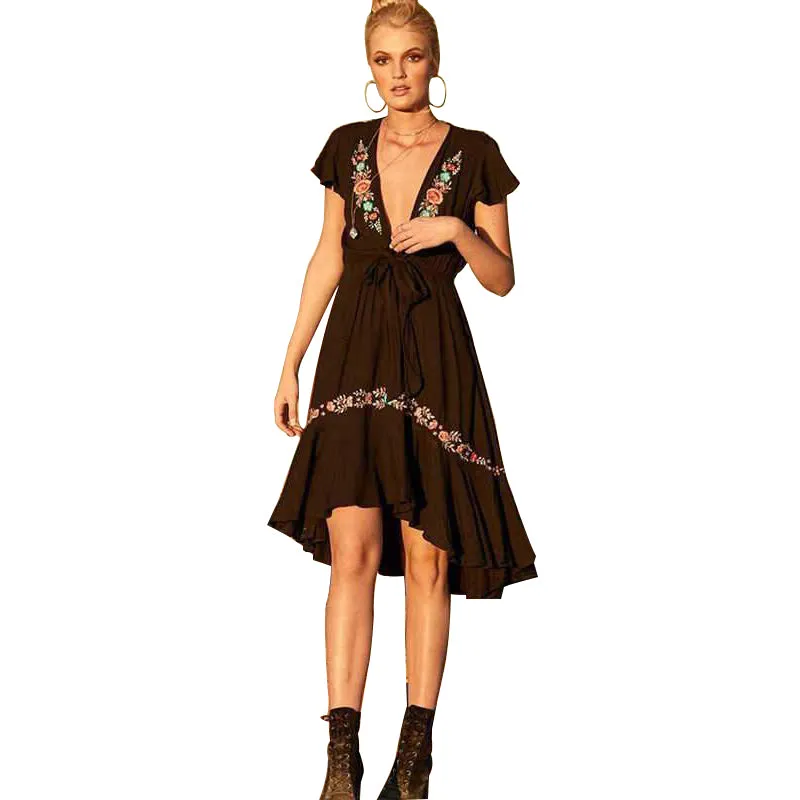 Deep V Neck Sexy Bohemian Dresses Floral Embroidery Dress Women
