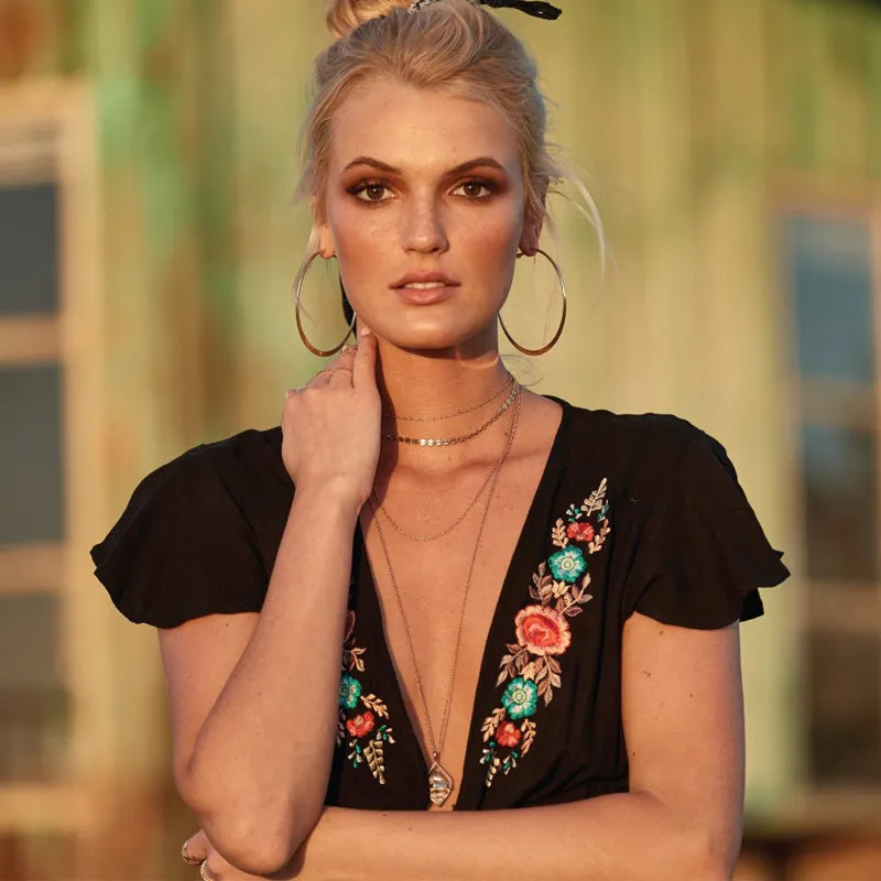 Deep V Neck Sexy Bohemian Dresses Floral Embroidery Dress Women