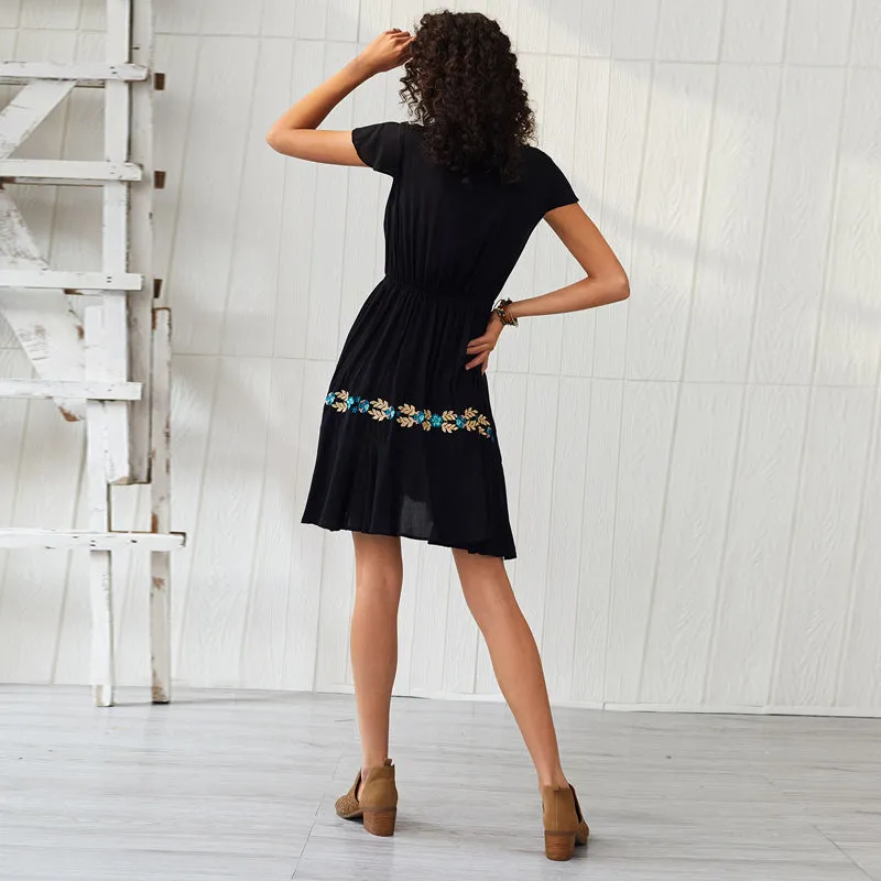 Deep V Neck Sexy Bohemian Dresses Floral Embroidery Dress Women