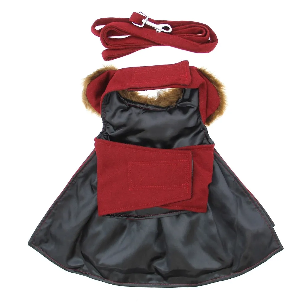 Designer Wool Fur Trimmed Dog Harness Burgundy Coat
