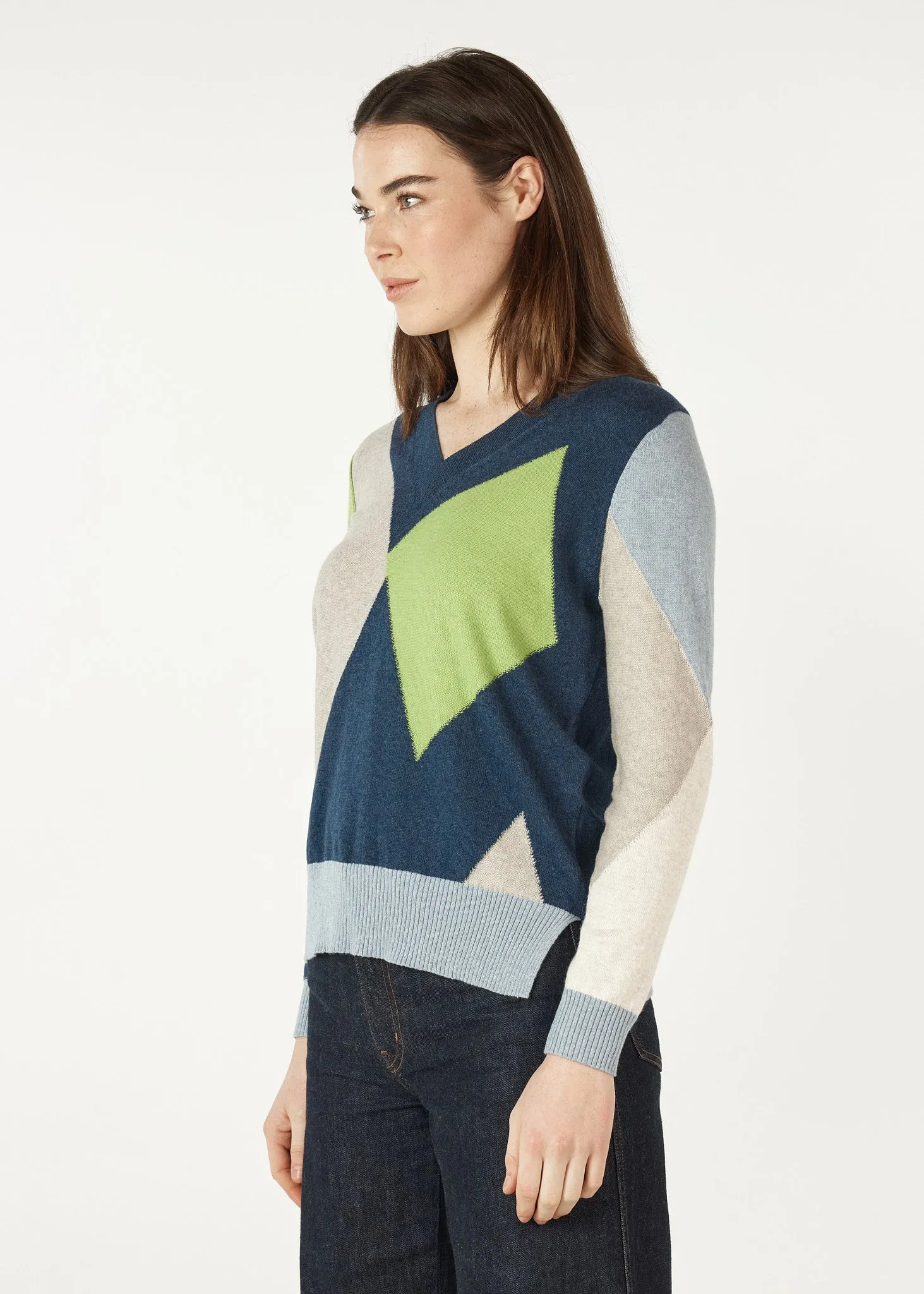Diamond Dapper Vee Neck Knit - Denim