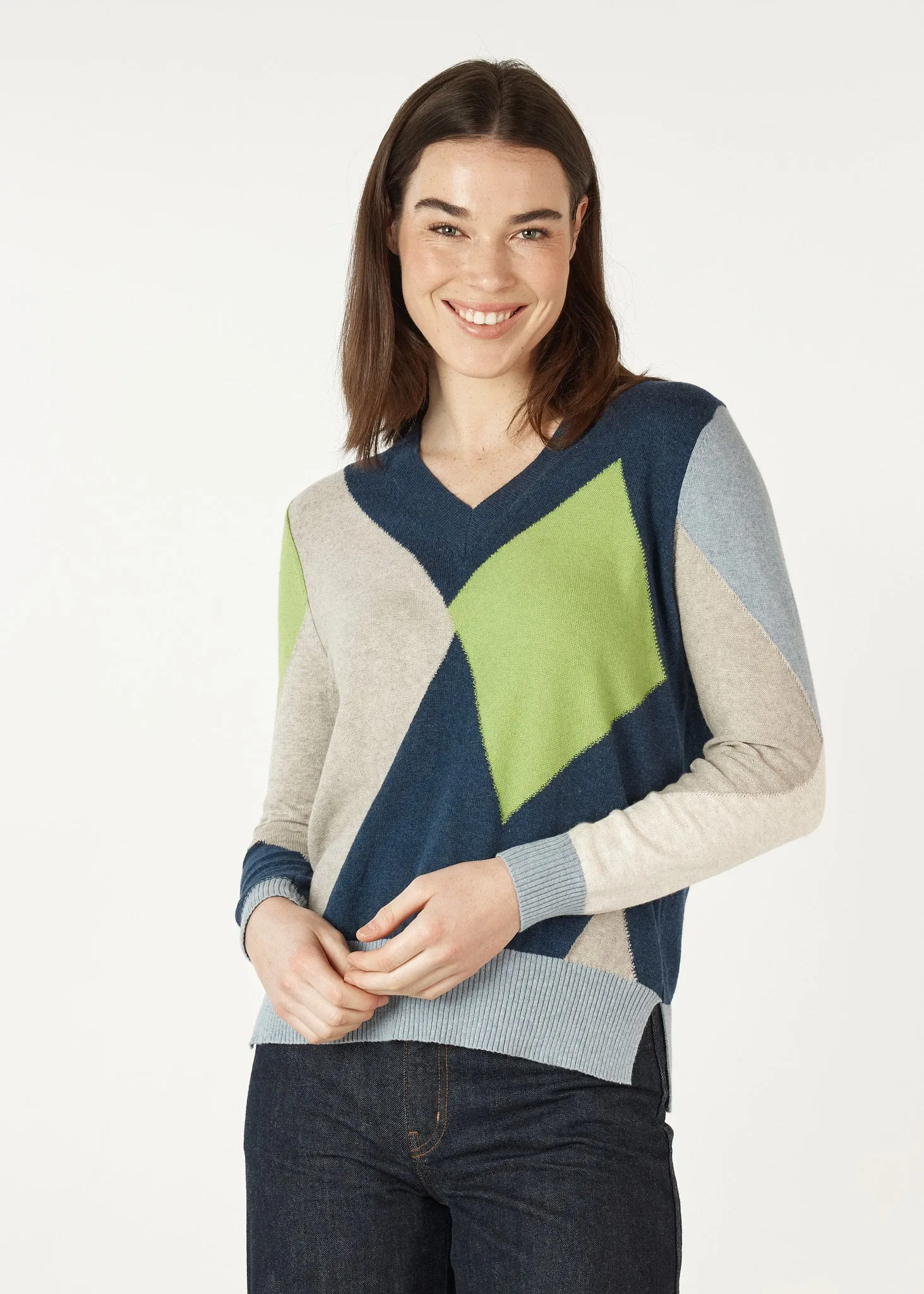 Diamond Dapper Vee Neck Knit - Denim