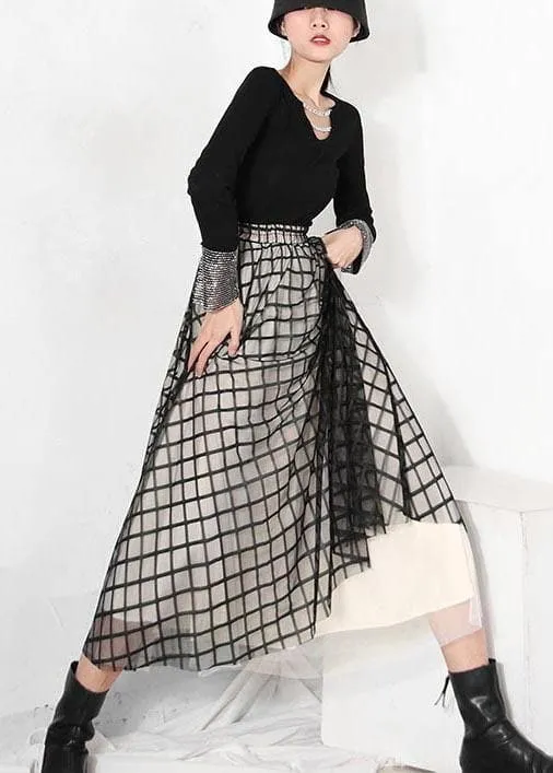 DIY Black Plaid Patchwork Pleated Summer Skirt