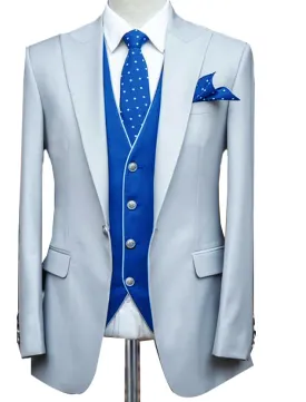 Dusty Ligtht Blue Suits Jacket Royal Blue vest Outfits for Men  3 pieces CS0309