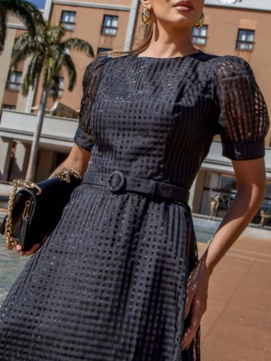 Elegant Black Plaid Midi Dress