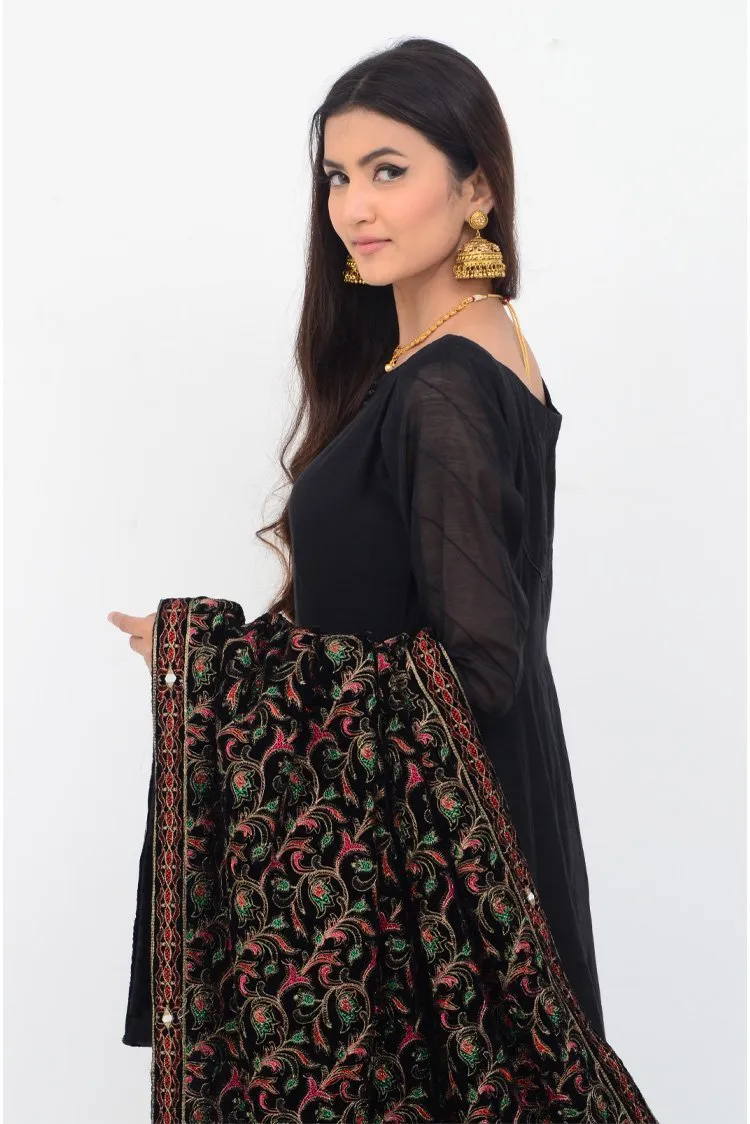 Ellena Fancy Embroidered Shawl Black - SH217