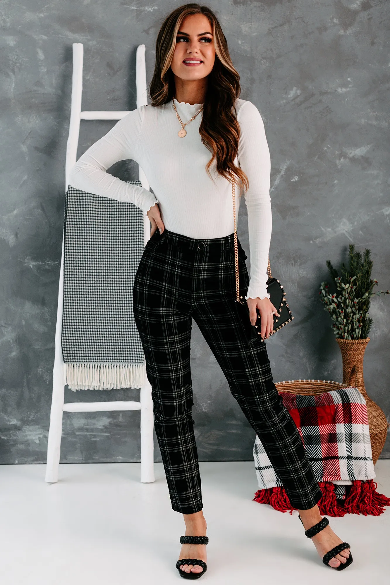 Eve High Waisted Velvet Plaid Pants (Black)