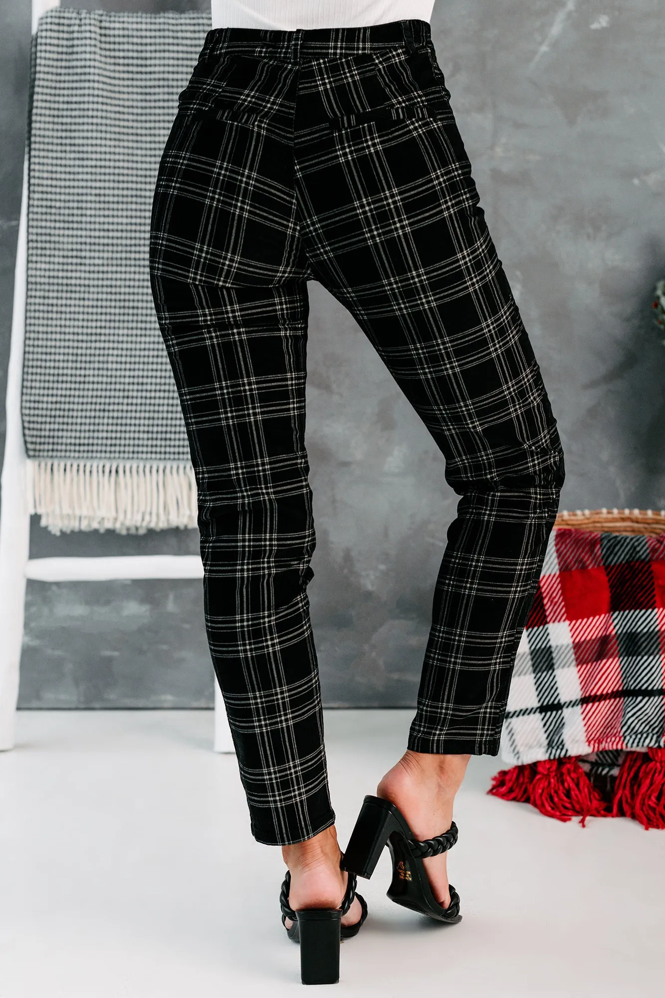 Eve High Waisted Velvet Plaid Pants (Black)