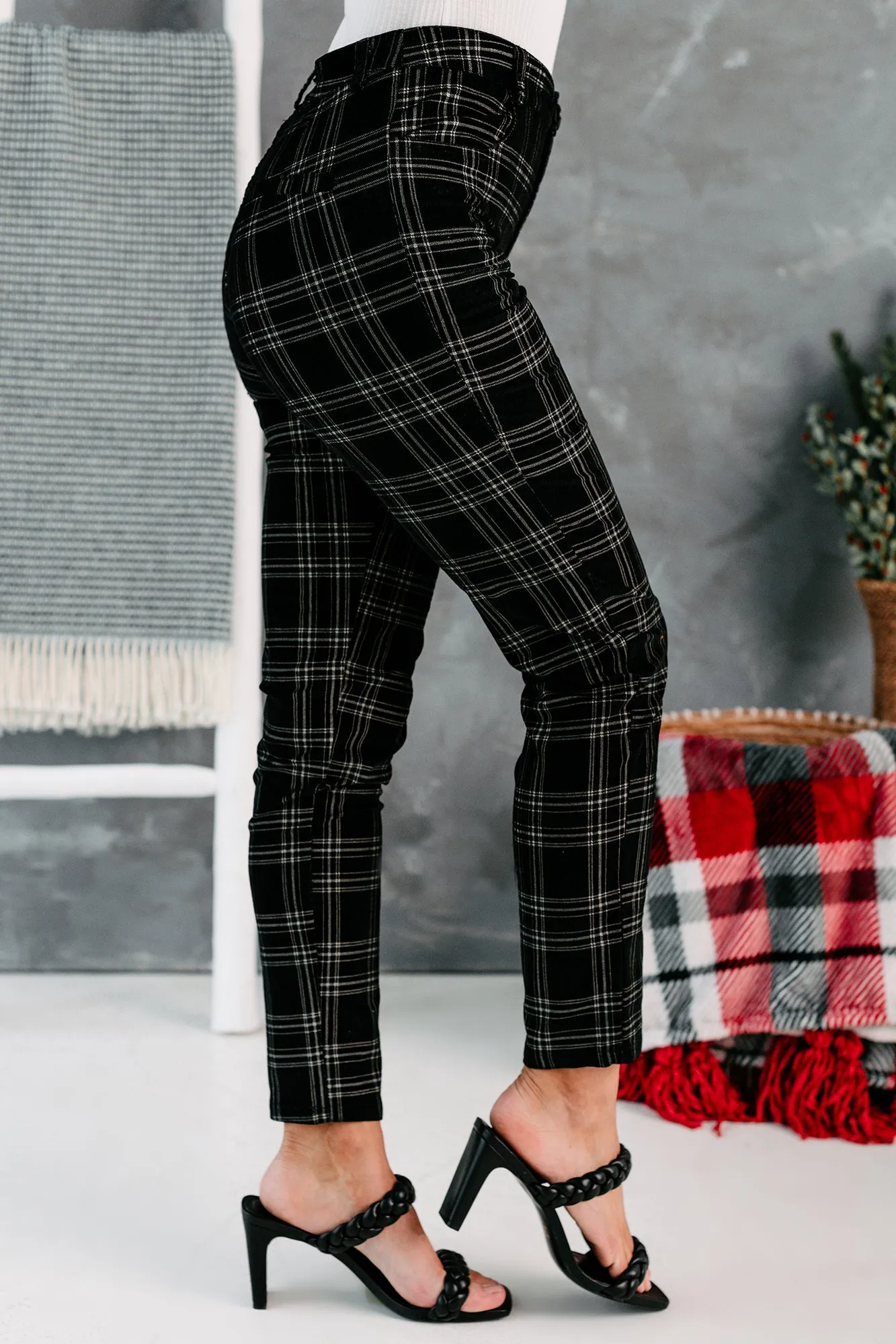 Eve High Waisted Velvet Plaid Pants (Black)