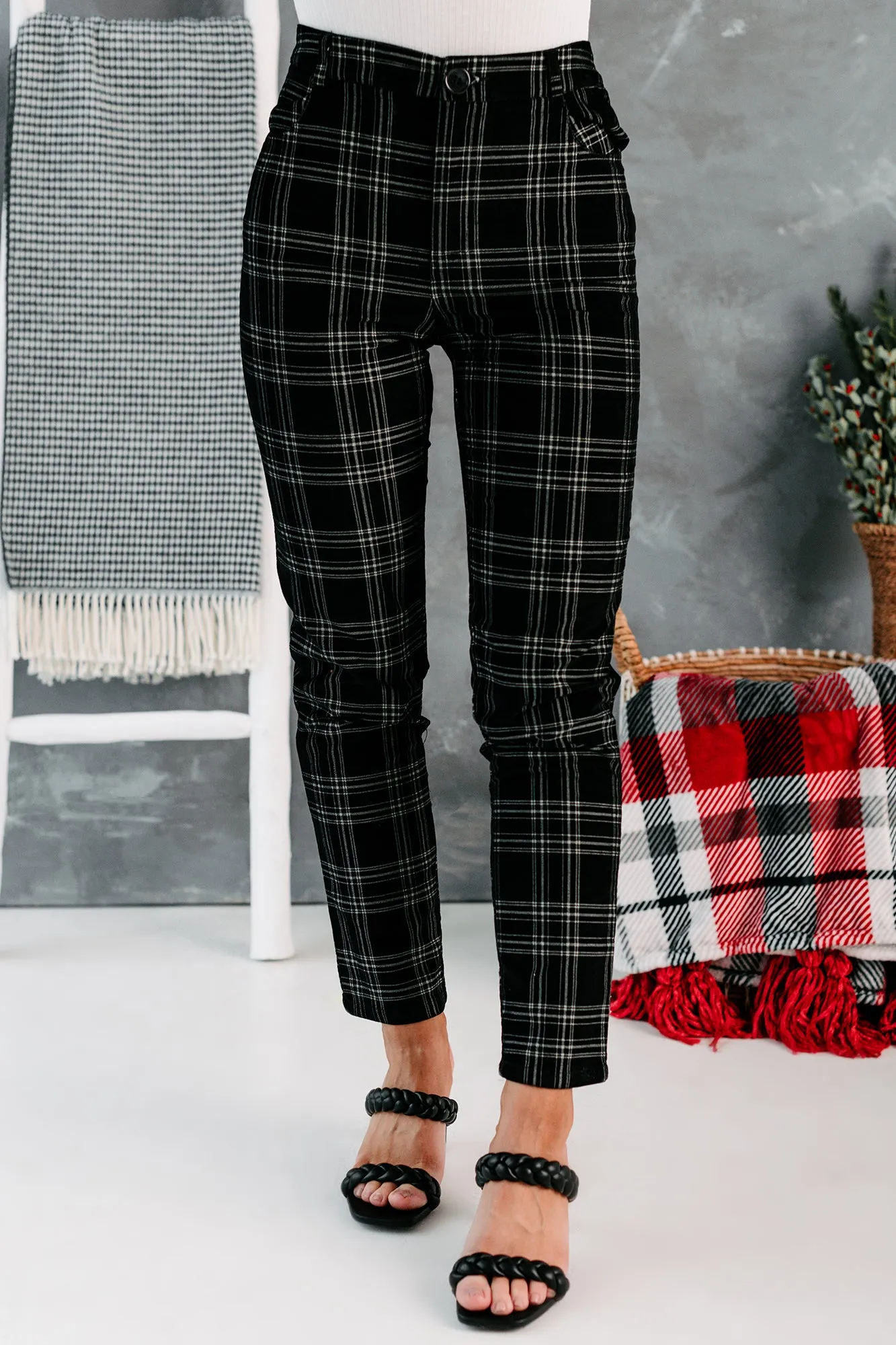 Eve High Waisted Velvet Plaid Pants (Black)