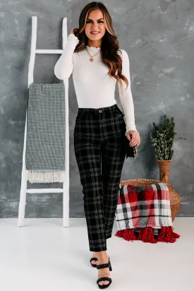 Eve High Waisted Velvet Plaid Pants (Black)