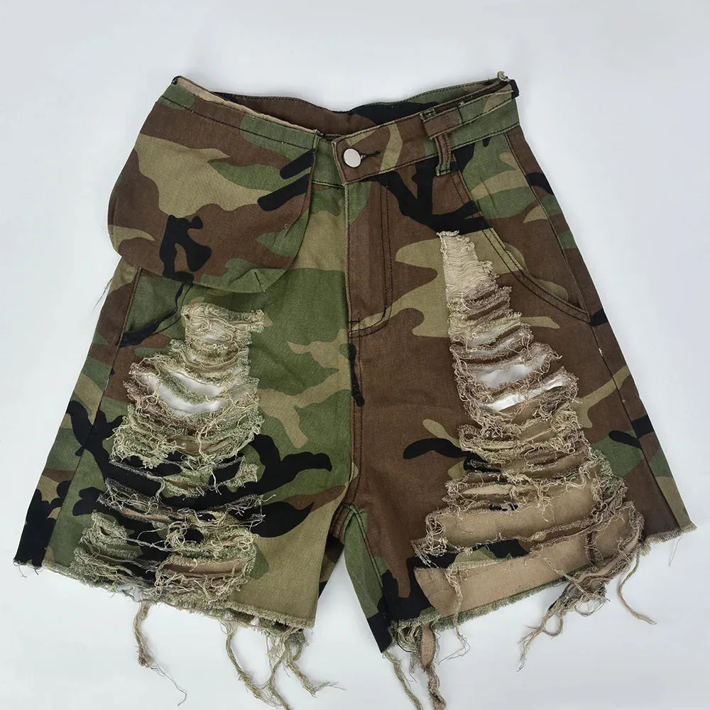 Fashion Streetwear Women Camouflage Printing Hole Shorts Casual High Waisted Button Pocket Tassels Shorts Bottoms 2023