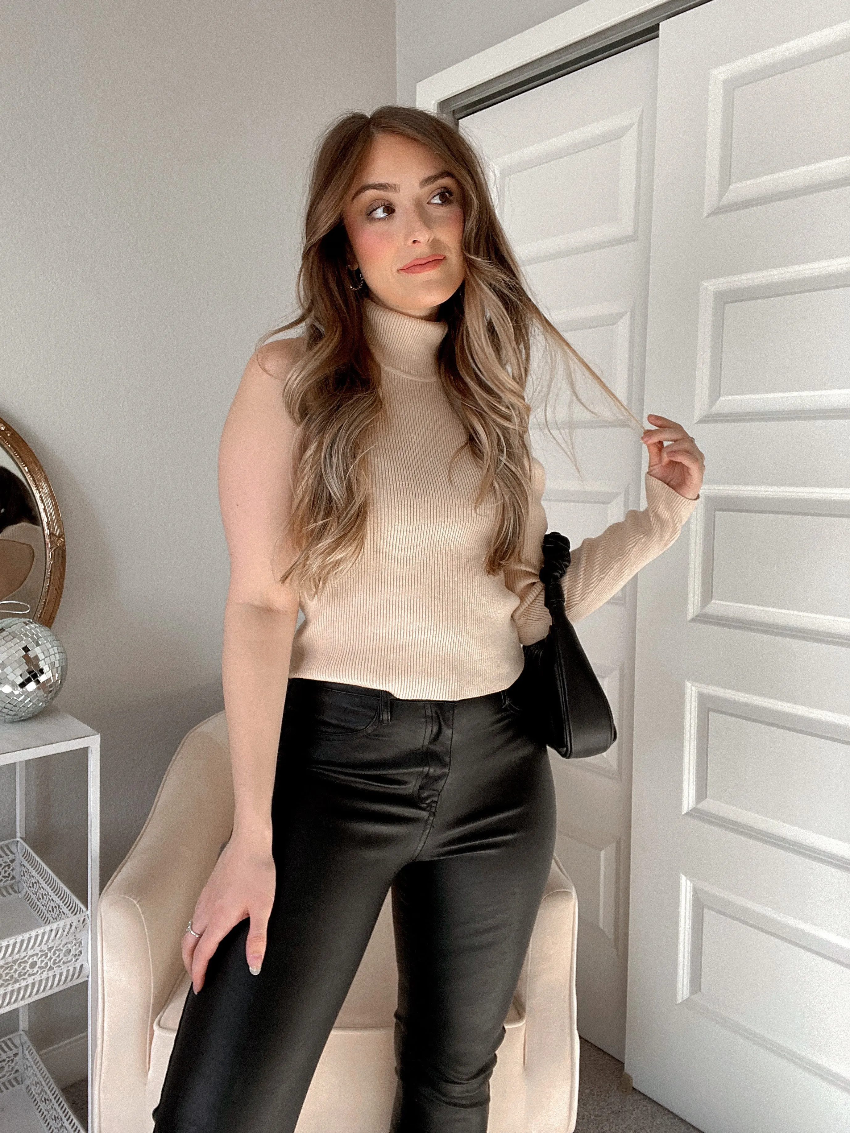 First Impressions One Shoulder Ribbed Turtleneck Sweater (Taupe)
