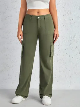 Flap Side Pocket Plain Cargo Jeans