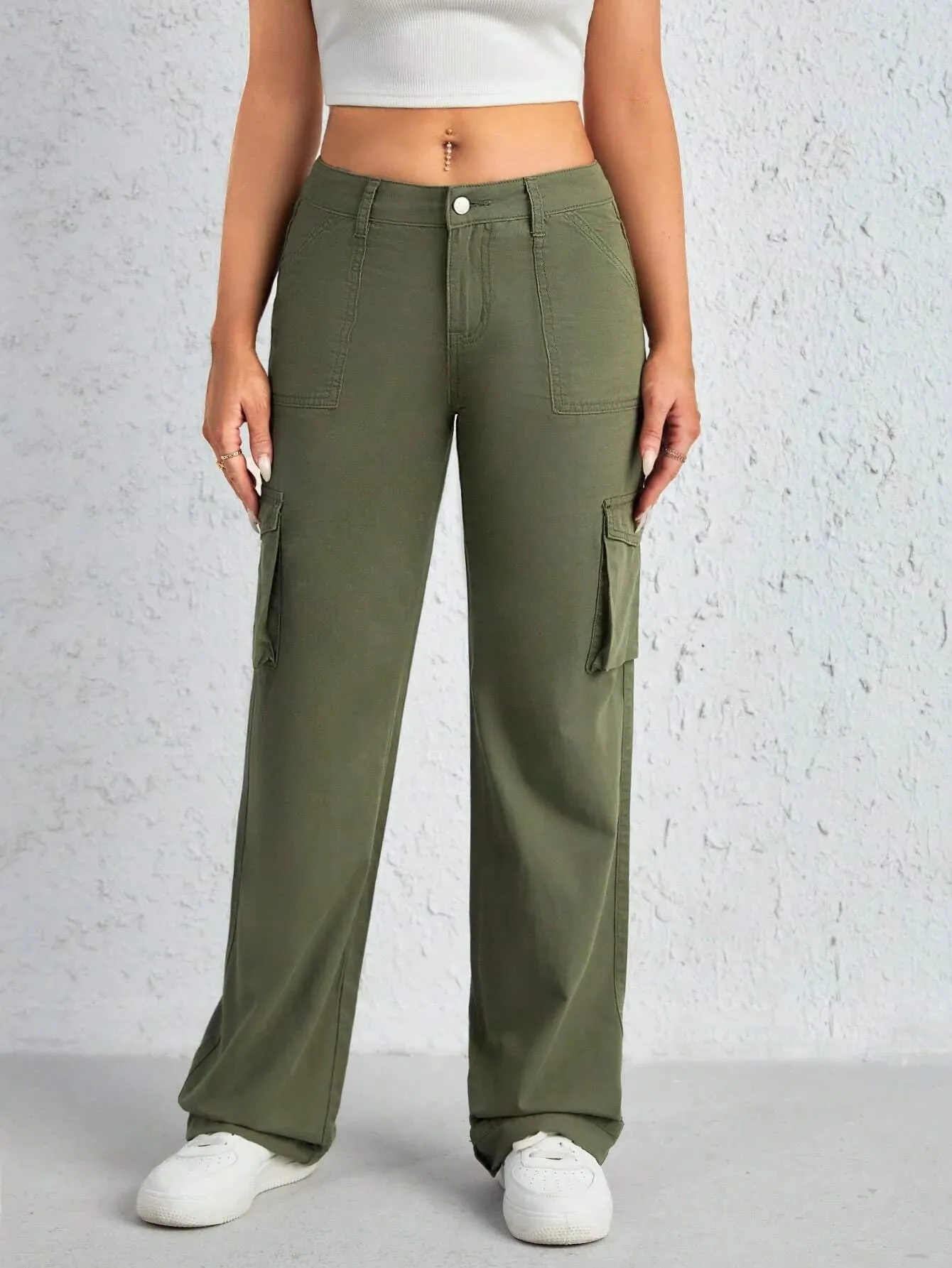 Flap Side Pocket Plain Cargo Jeans