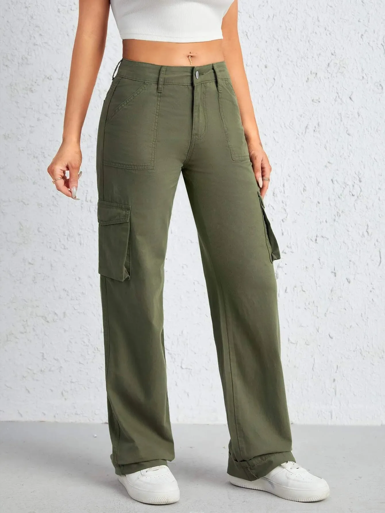 Flap Side Pocket Plain Cargo Jeans