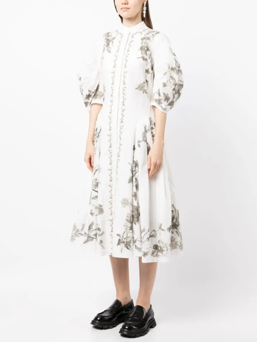 Floral Print Puff Sleeve Midi Dress