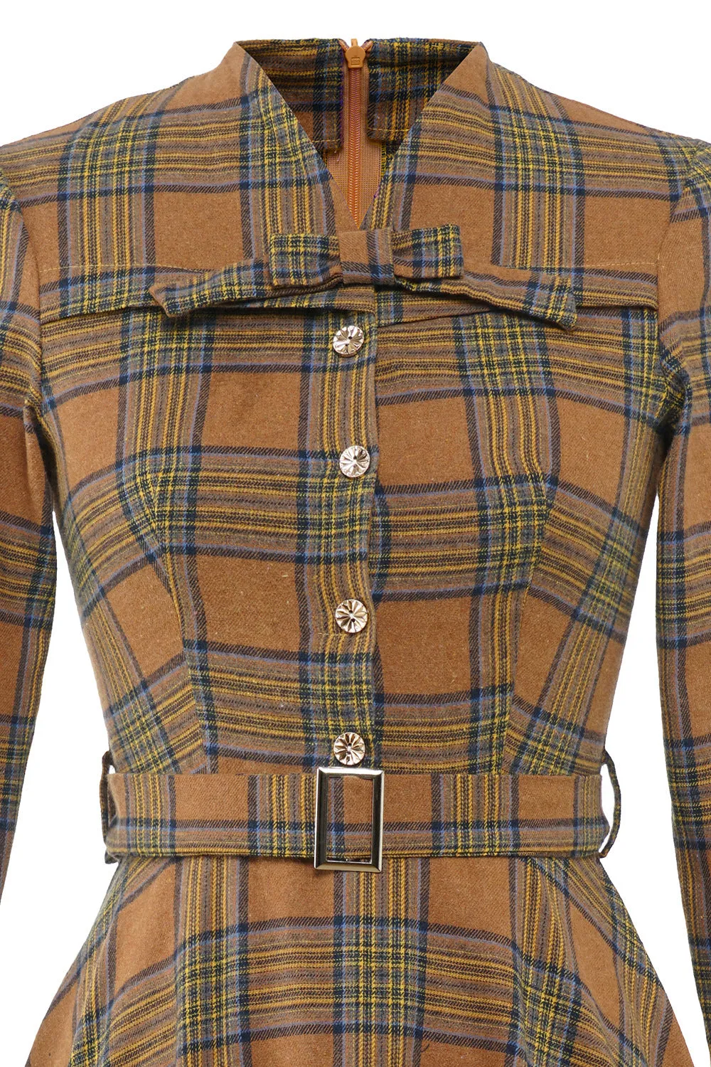 French Style 3/4 Sleeve Autumn Winter Plaid Tie England Style Tie Bow Big Flare Midi Dress